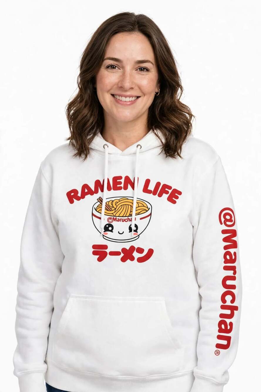 Maruchan M Hoodie White Cotton Fleece Kawaii Ramen Weekend Lounge